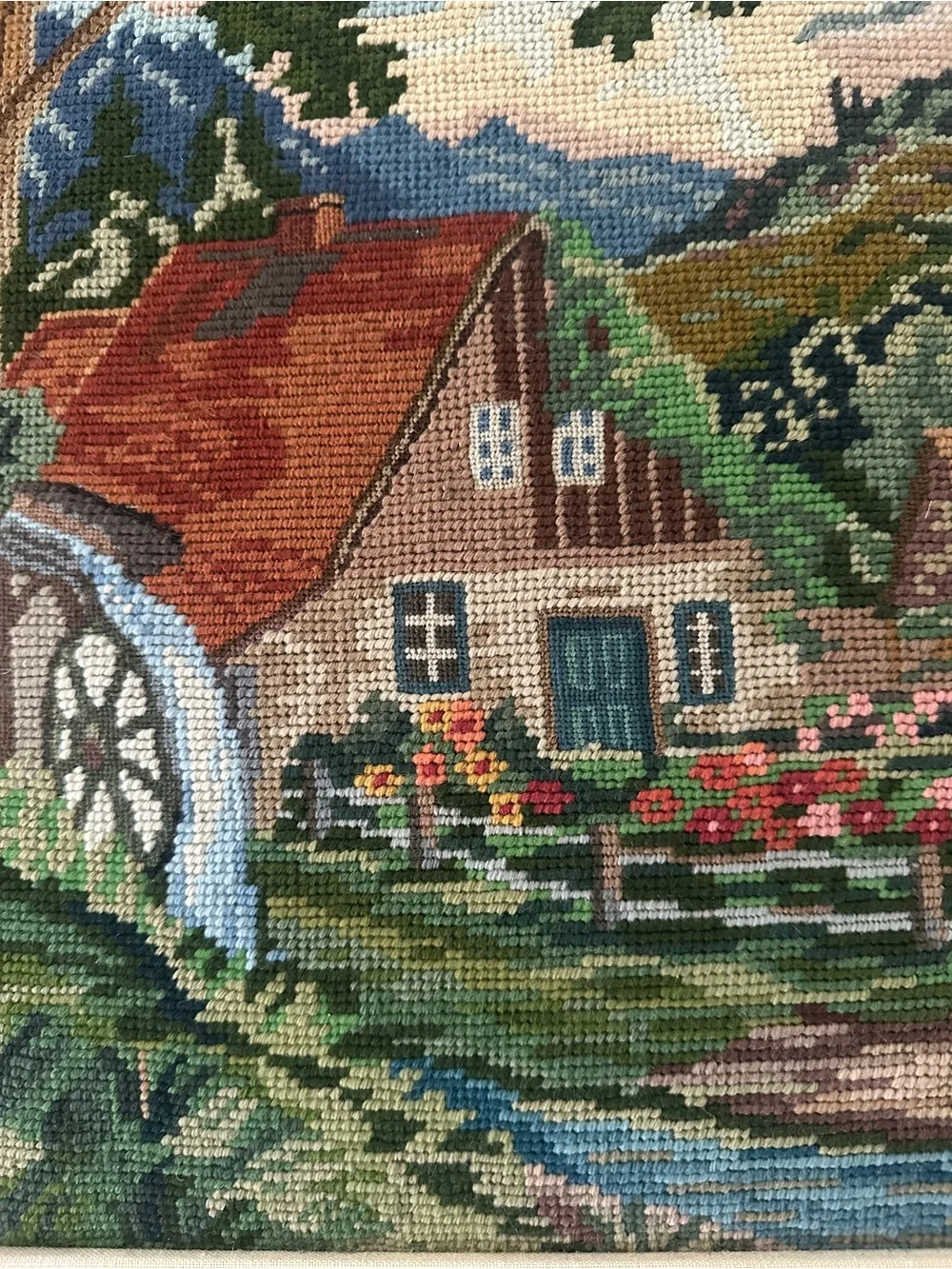 VINTAGE Handcrafted Needlepoint Rustic Waterwheel 16”x 20”